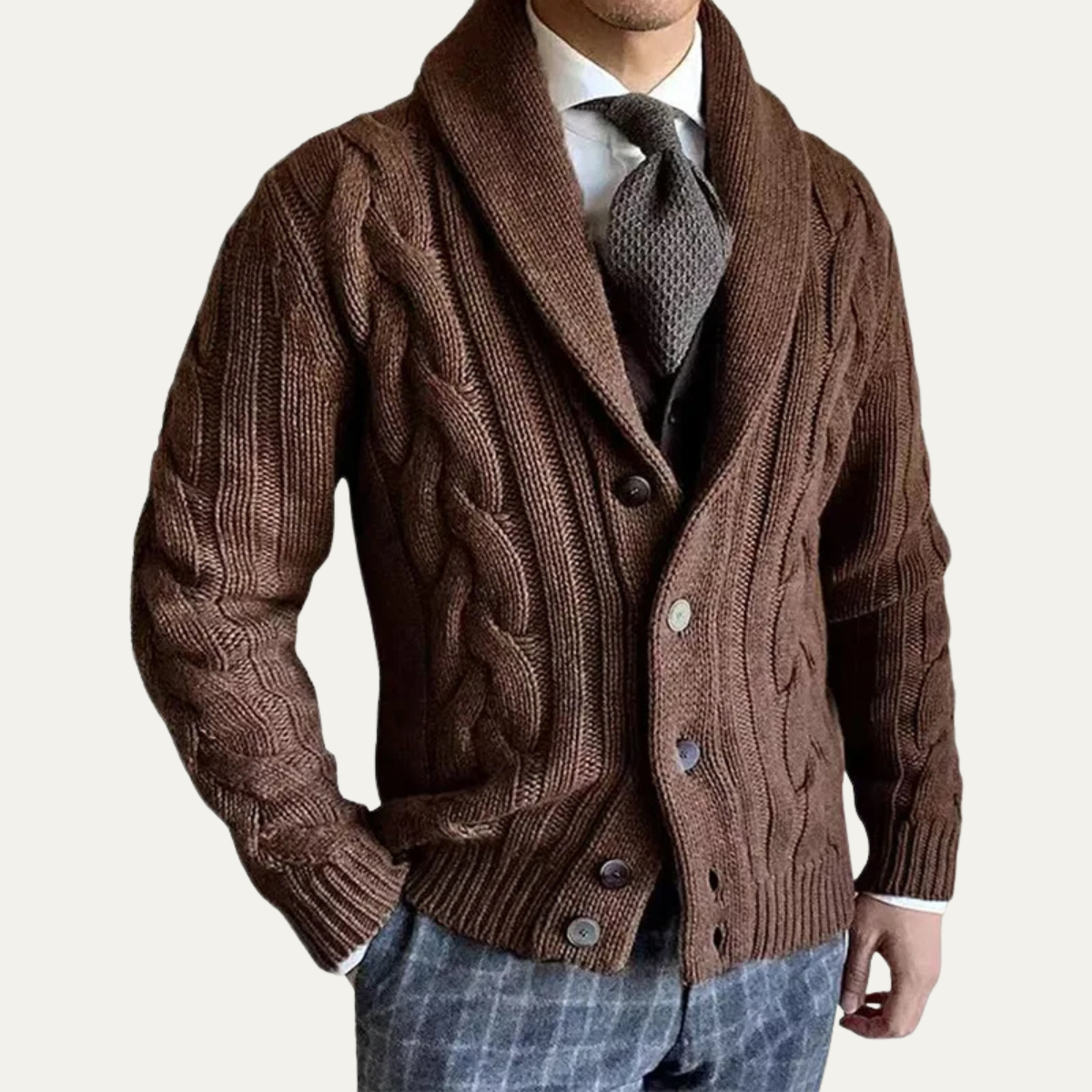 Men's Cable Knit Cardigan – Shawl Collar, Button Front