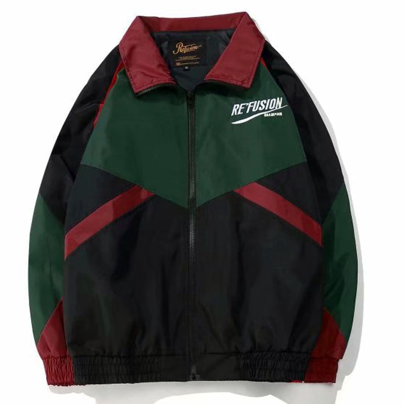 Men's Colour-Block Bomber Jacket – Pointed Collar, Embroidered Chest side view
