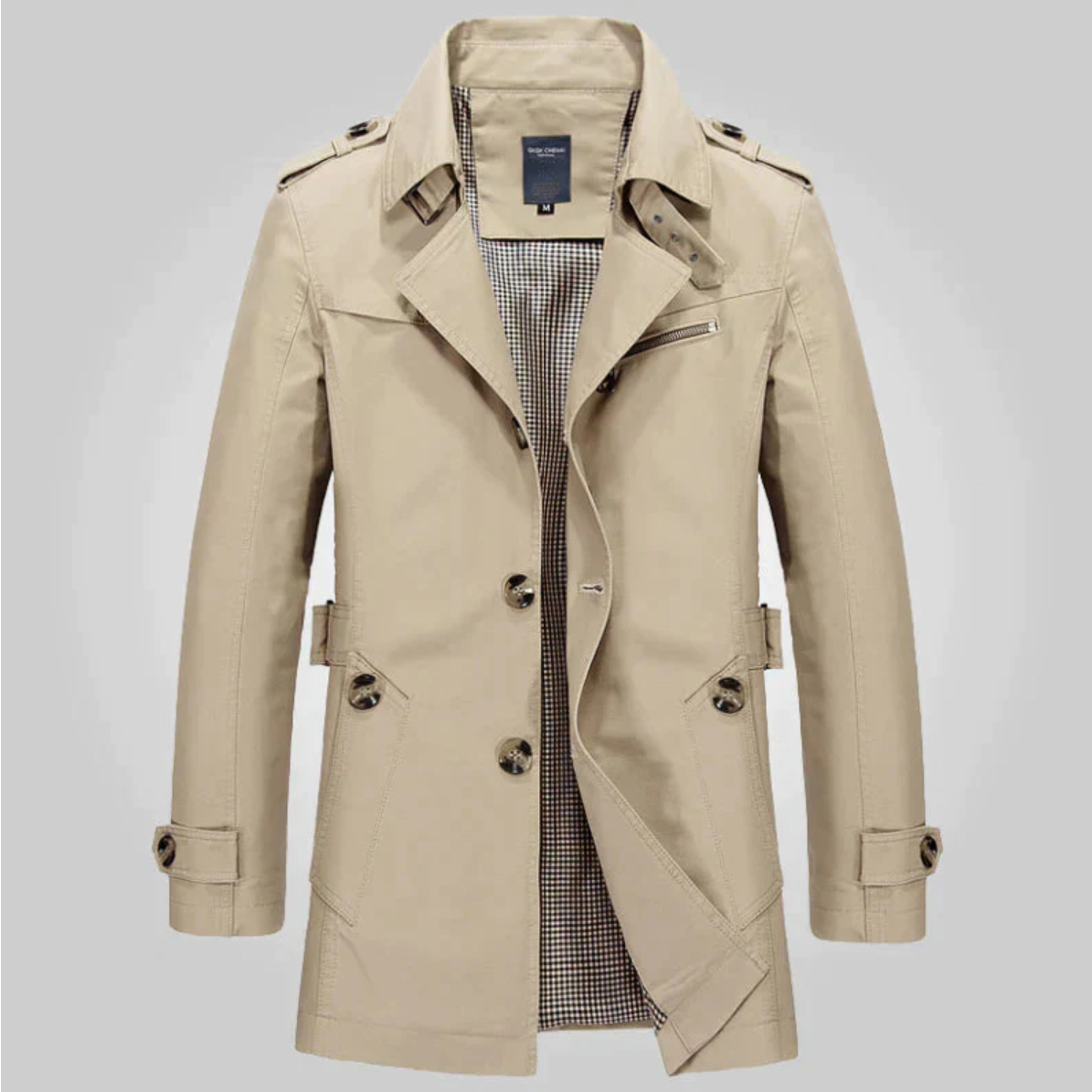 Men's double-breasted trench coat front view with notched lapels