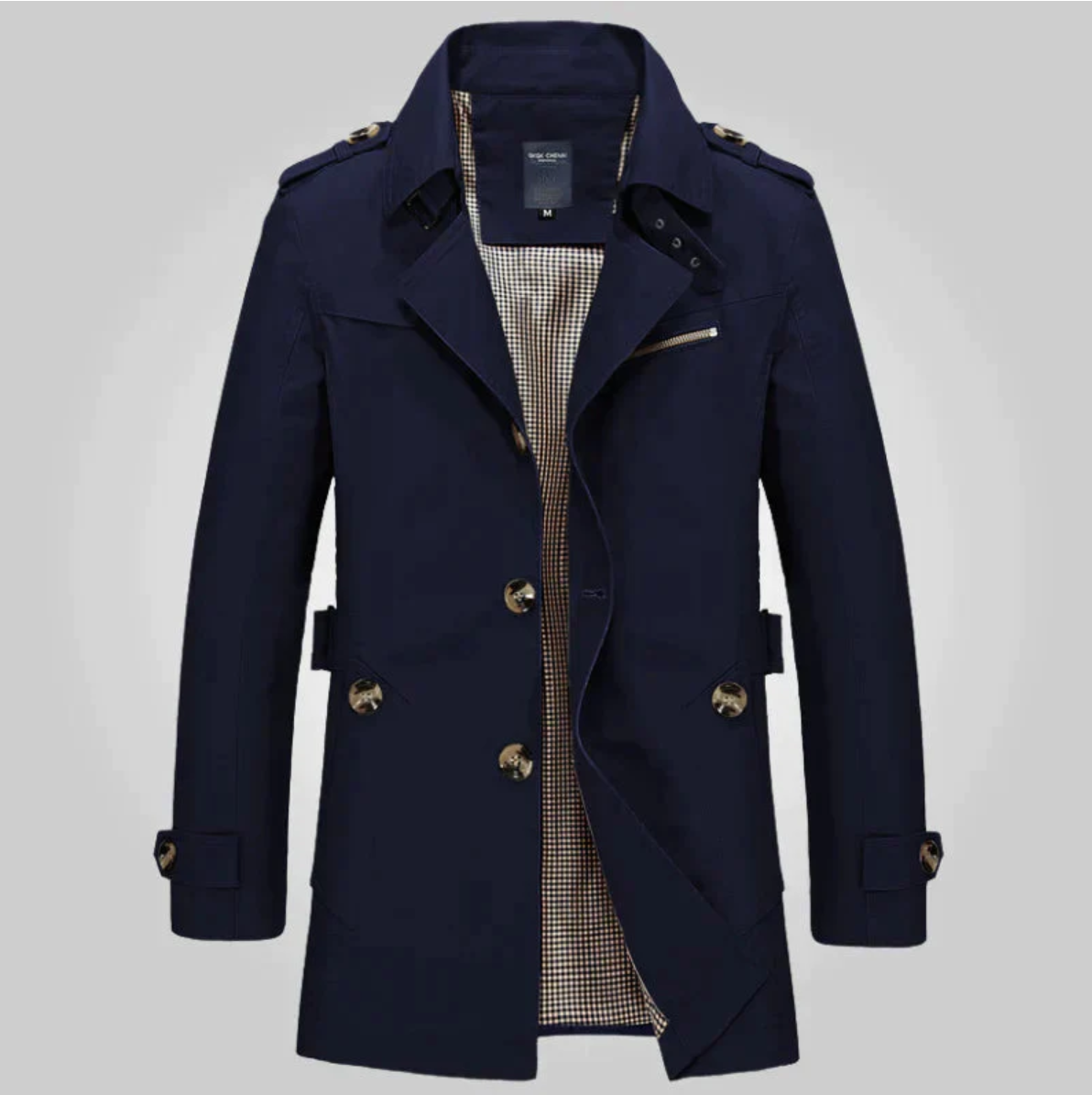 Men's trench coat side view showing mid-length hem