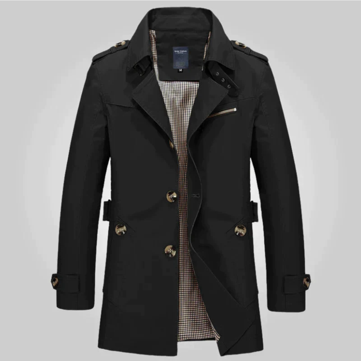 Men's trench coat detail of cuff tab and sleeve