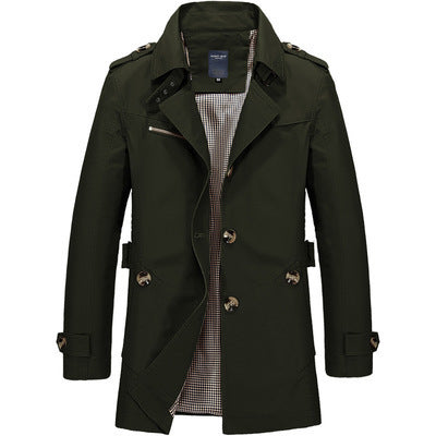 Men's trench coat back view showing structured shoulders