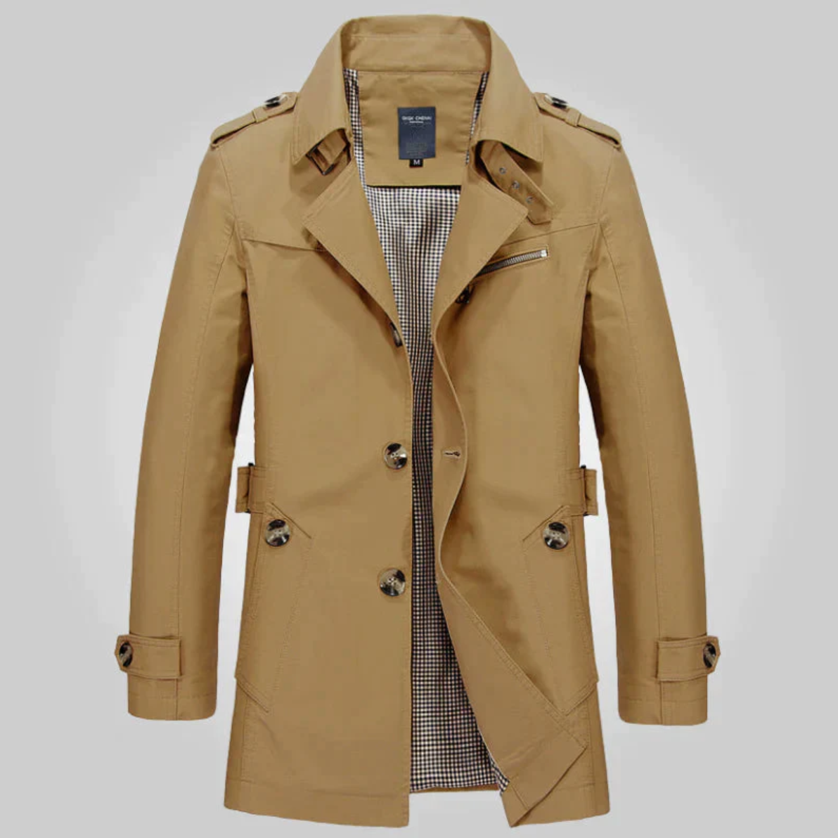 Men's trench coat close-up of double-breasted button front