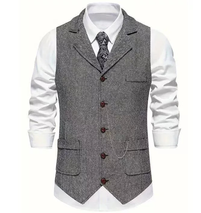 Men's Herringbone Vest – Notch Lapel, Chain Detail texture close-up