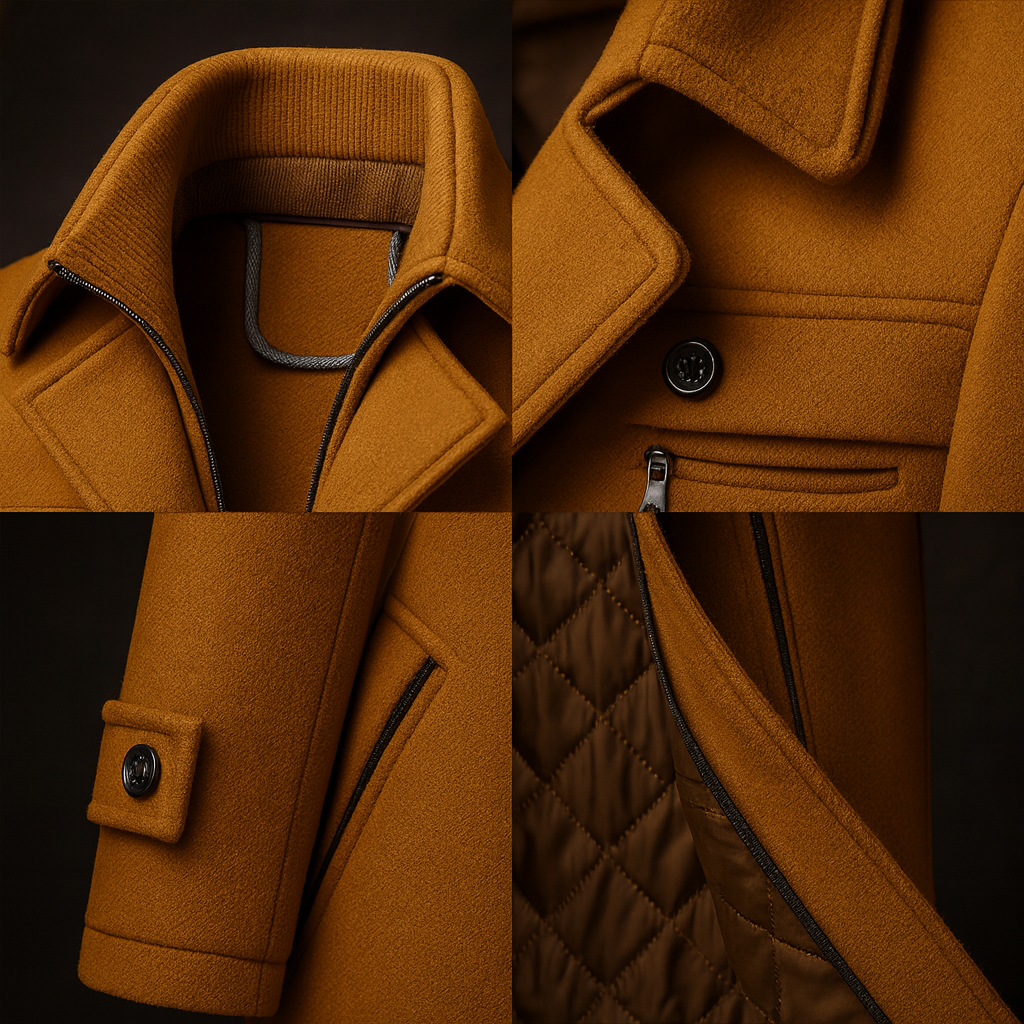 Men's Hooded Winter Coat – Textured Collar, Zip Front, Padded Lining collar detail