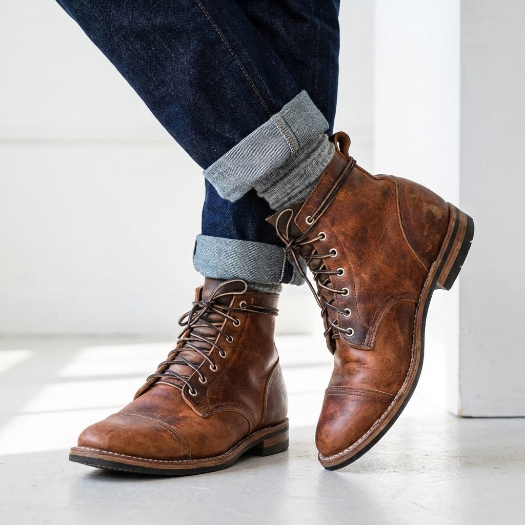 Men's Lace-Up Ankle Boots – Cap Toe, Distressed Finish, Block Heel