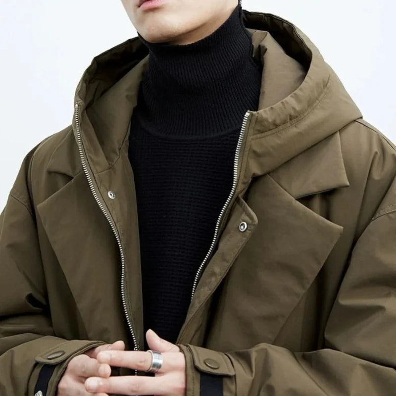 Trench-coat long à capuche pour homme, avec boutons sur le devant et empiècement zippé