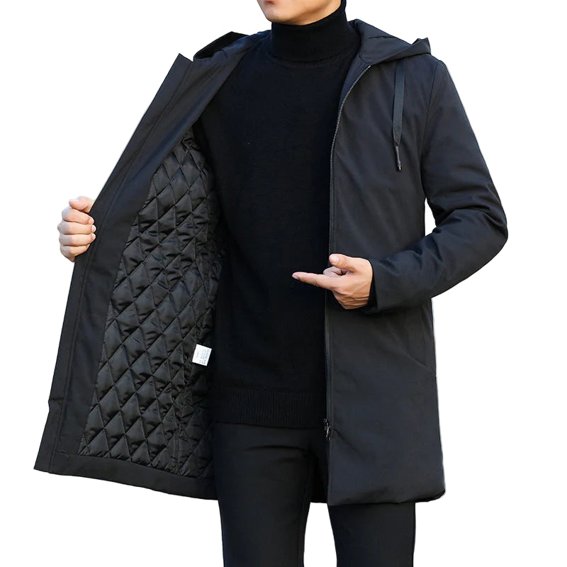 Manteau matelassé mi-long à capuche pour homme, avec fermeture éclair sur le devant
