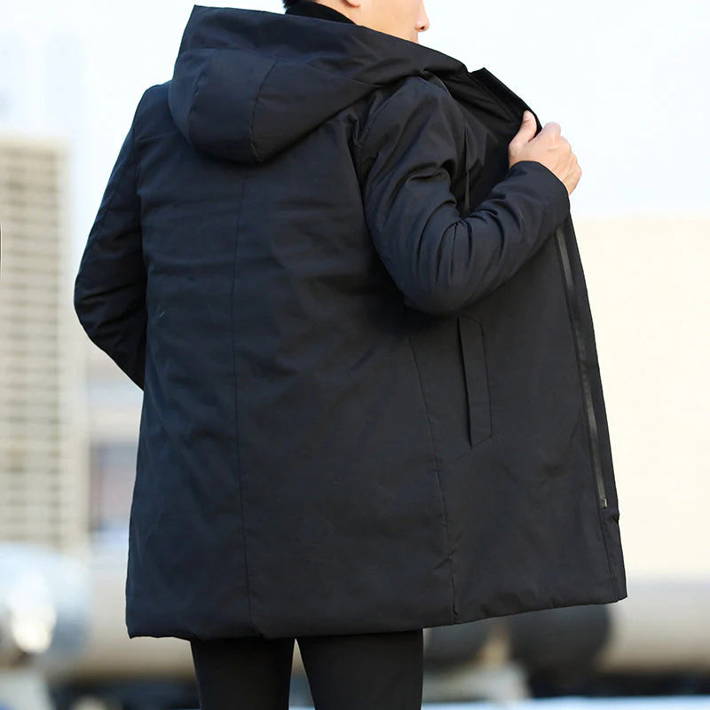 Manteau matelassé mi-long à capuche pour homme, avec fermeture éclair sur le devant