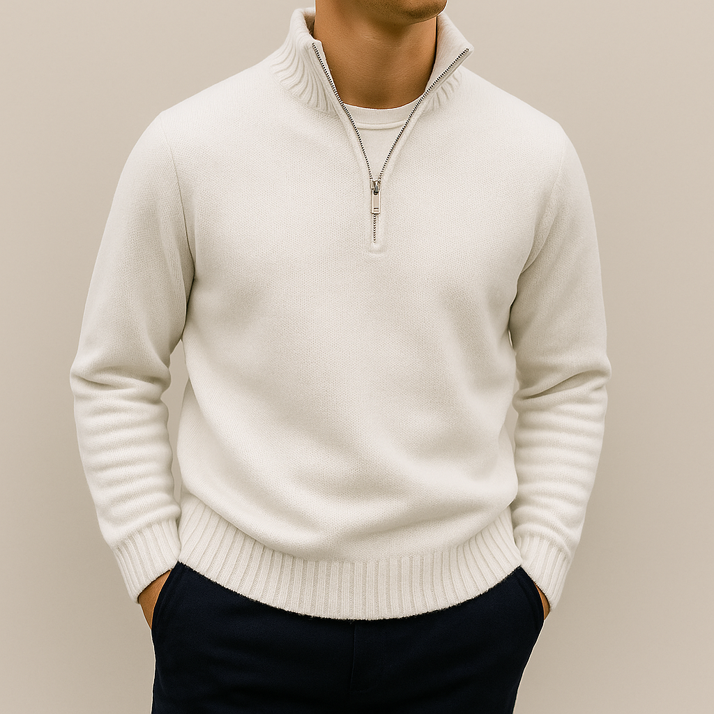 Men's Quarter Zip Sweater – Stand Collar, Ribbed Hem Pullover