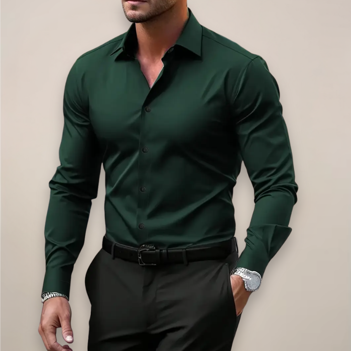 Men's Slim-Fit Shirt – Point Collar, Long Sleeve, Button Cuffs