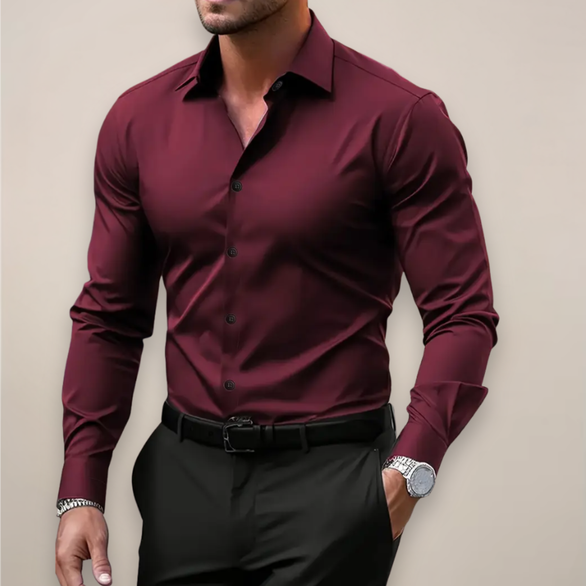 Men's Slim-Fit Shirt – Point Collar, Long Sleeve, Button Cuffs