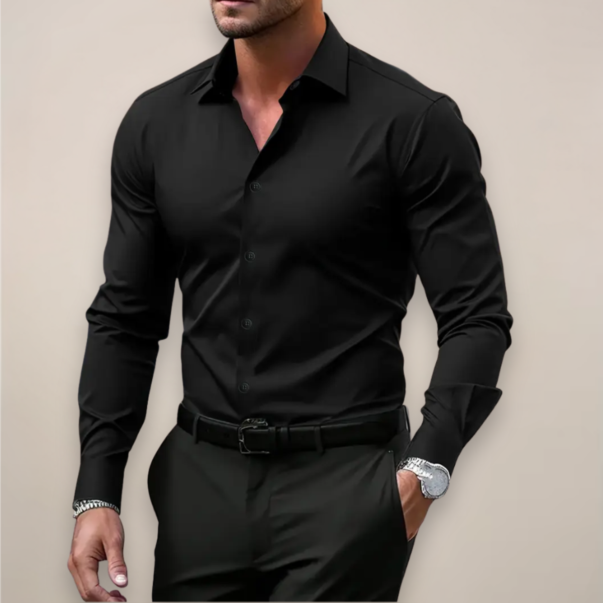 Men's Slim-Fit Shirt – Point Collar, Long Sleeve, Button Cuffs