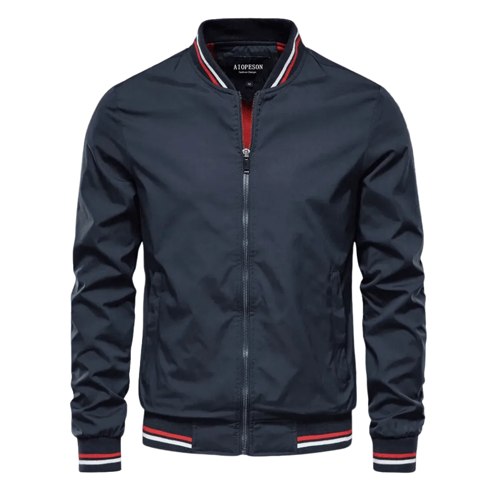 Men's striped-trim bomber jacket front view with full zip