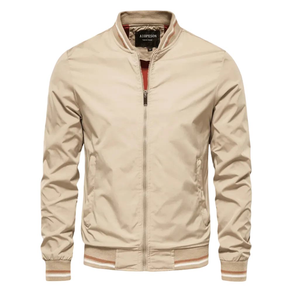 Men's bomber jacket showing ribbed collar and striped trim