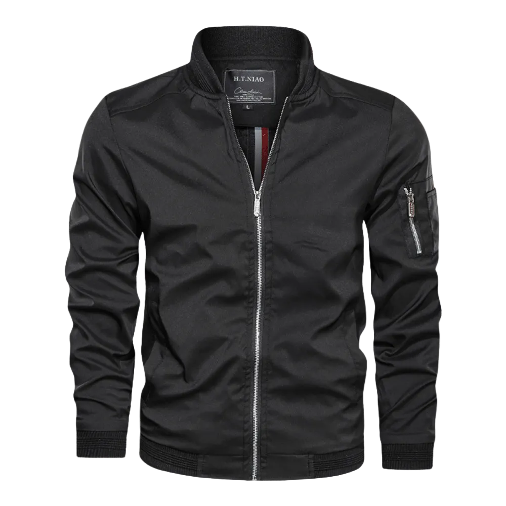 Men's utility bomber jacket with zip front and stand collar
