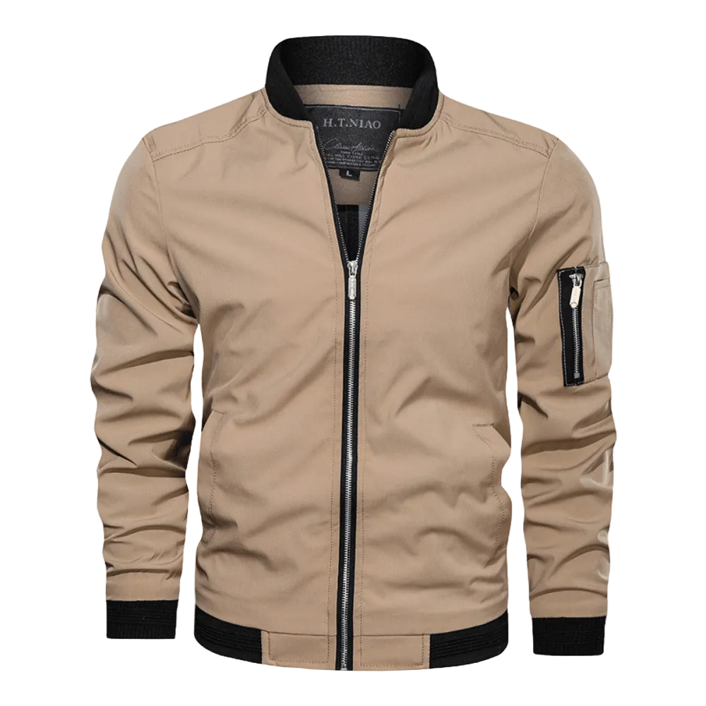 Men's bomber jacket showing zipped sleeve utility pocket