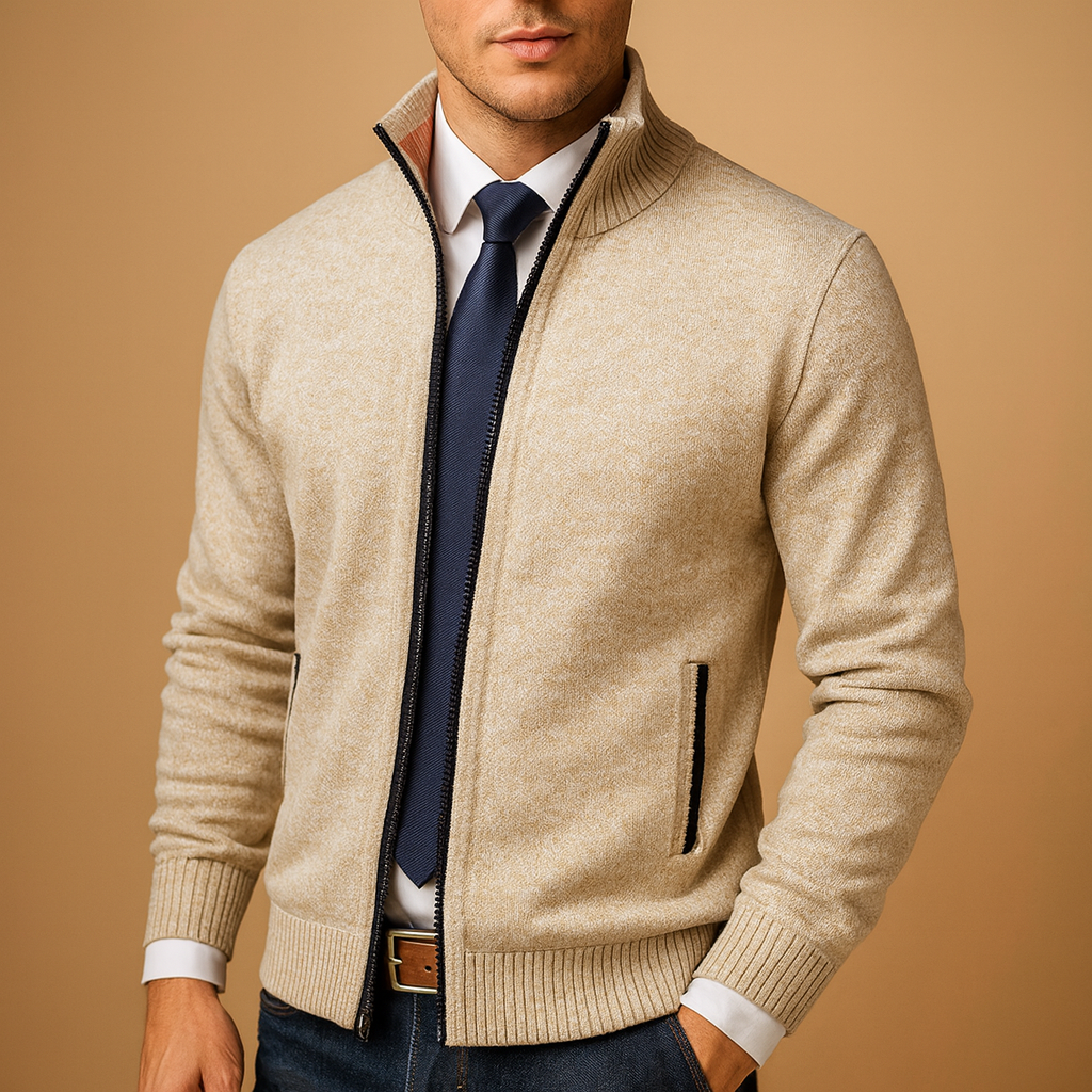 Men's marled zip-up cardigan front view with full-length zip