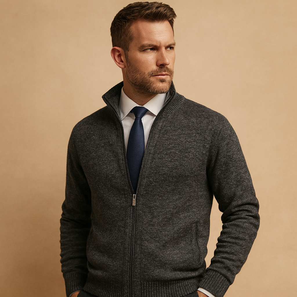 Men's zip-up cardigan side view showing set-in sleeve