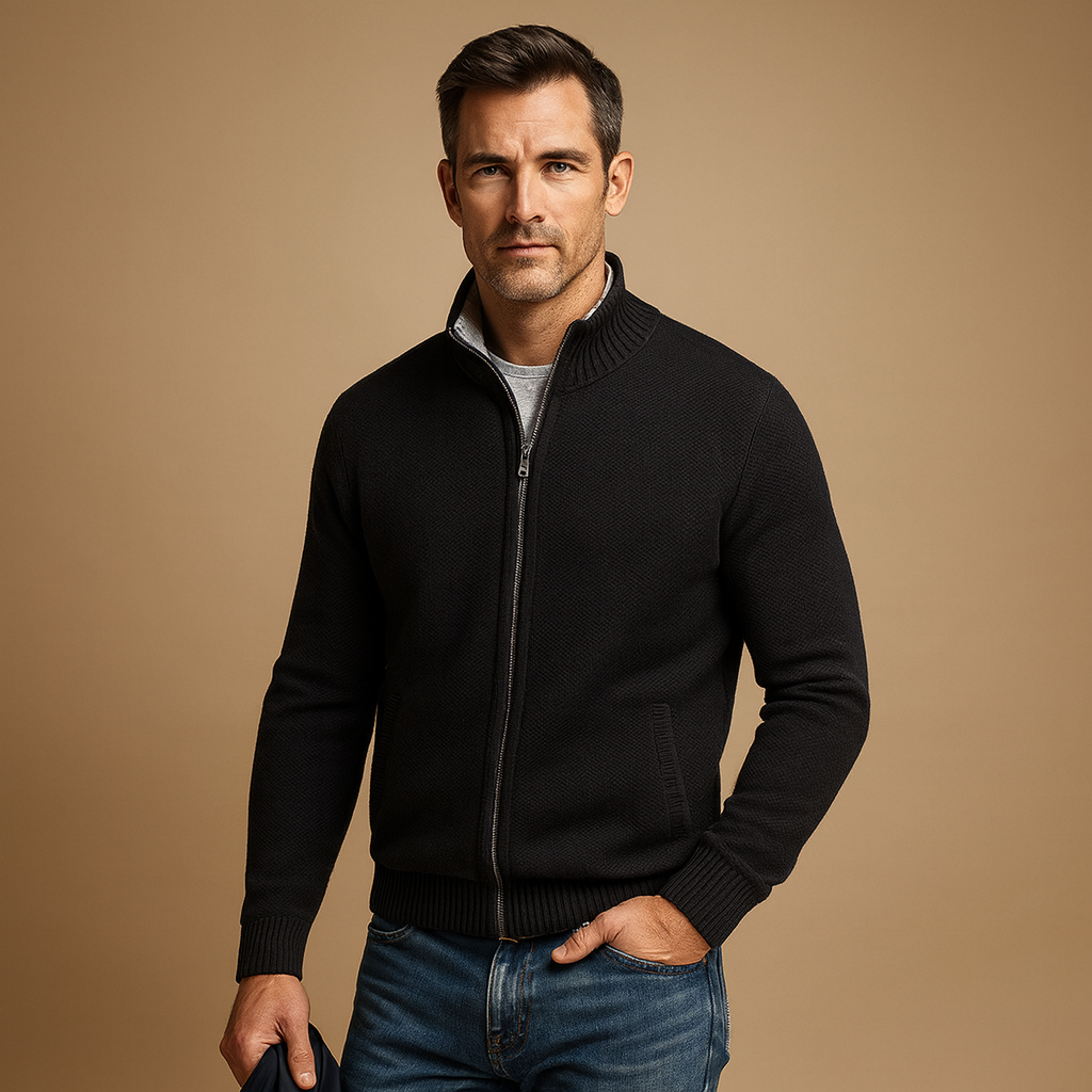 Men's cardigan close-up of ribbed collar and zip pull