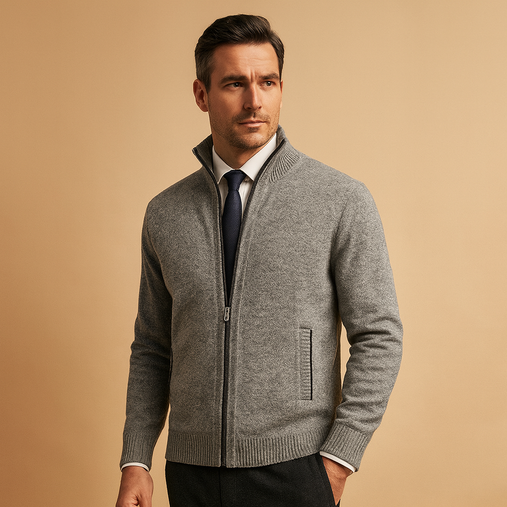 Men's cardigan detail of open side pocket at waist