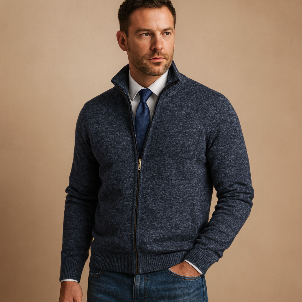 Men's cardigan back view showing straight body