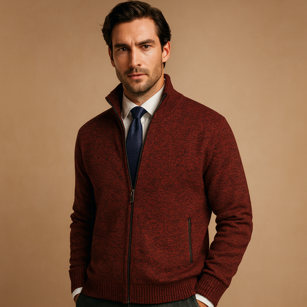 Men's zip-up cardigan close-up of marled knit texture
