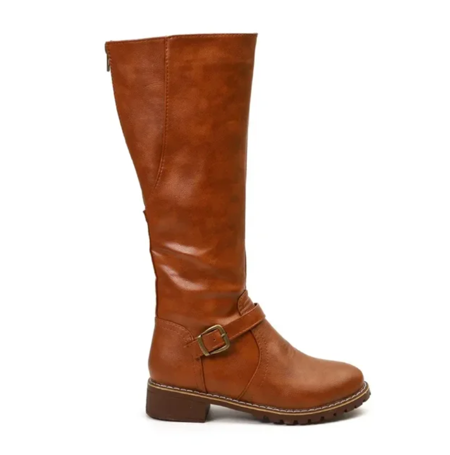 Bottes femme à boucles, hauteur genou – Bout rond, talon bloc bas