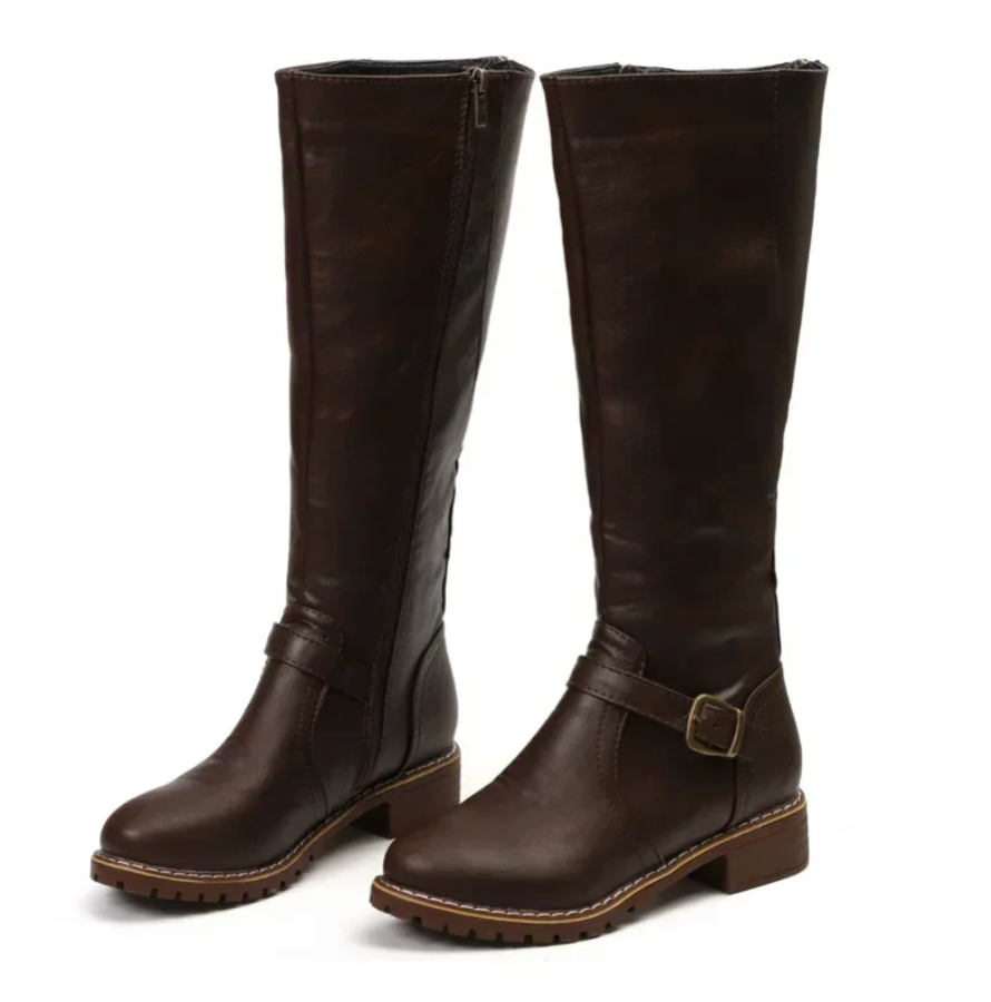Bottes femme à boucles, hauteur genou – Bout rond, talon bloc bas