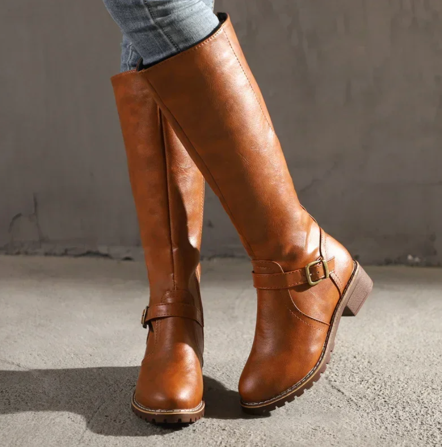 Bottes femme à boucles, hauteur genou – Bout rond, talon bloc bas