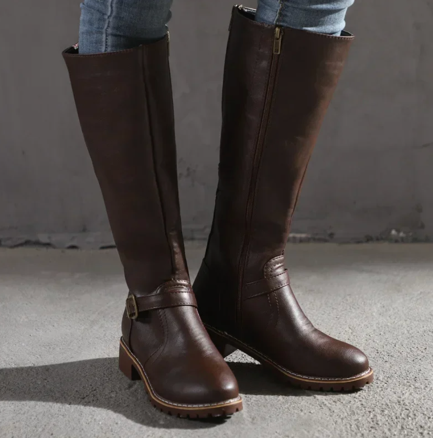 Bottes femme à boucles, hauteur genou – Bout rond, talon bloc bas