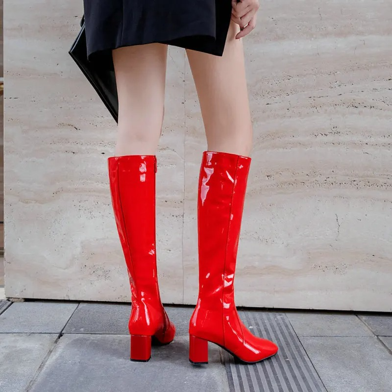 Bottes pour femme montant jusqu’au genou, avec talon carré et fermeture zippée latérale