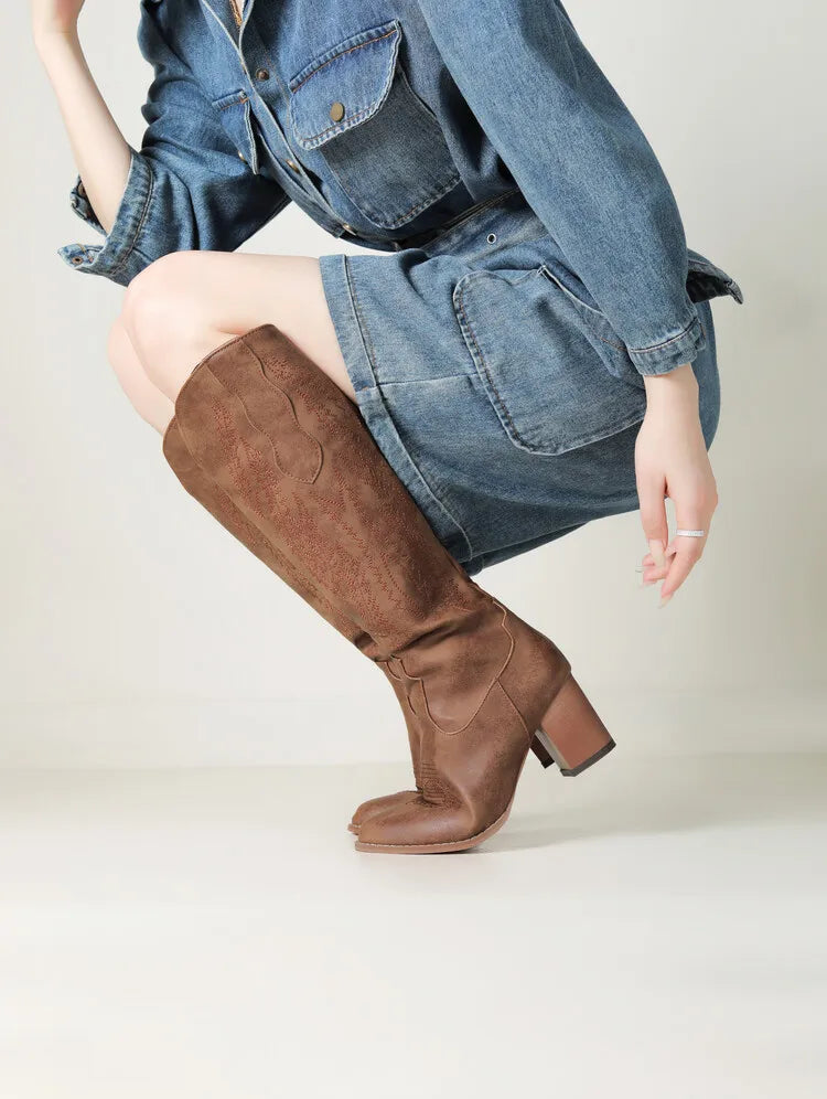 Bottes pour femme jusqu’au genou avec fermeture éclair latérale et talon carré