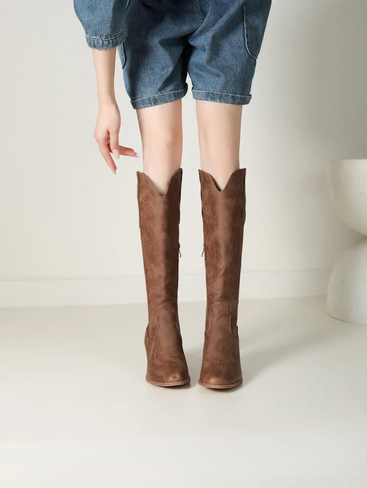 Bottes pour femme jusqu’au genou avec fermeture éclair latérale et talon carré