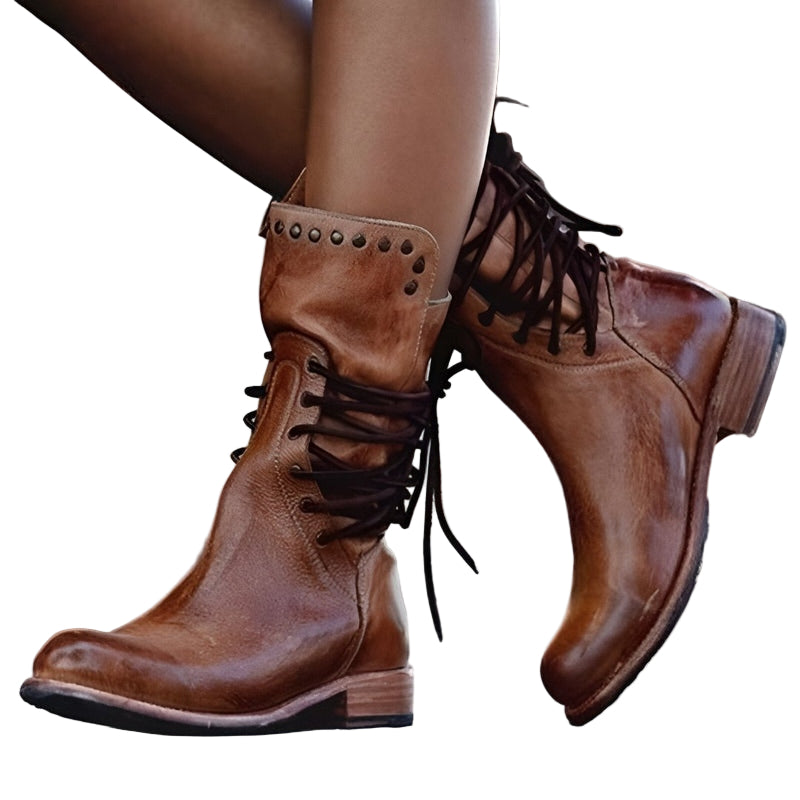 Bottes à lacets pour femme à hauteur du mollet avec fermeture zippée latérale et col clouté