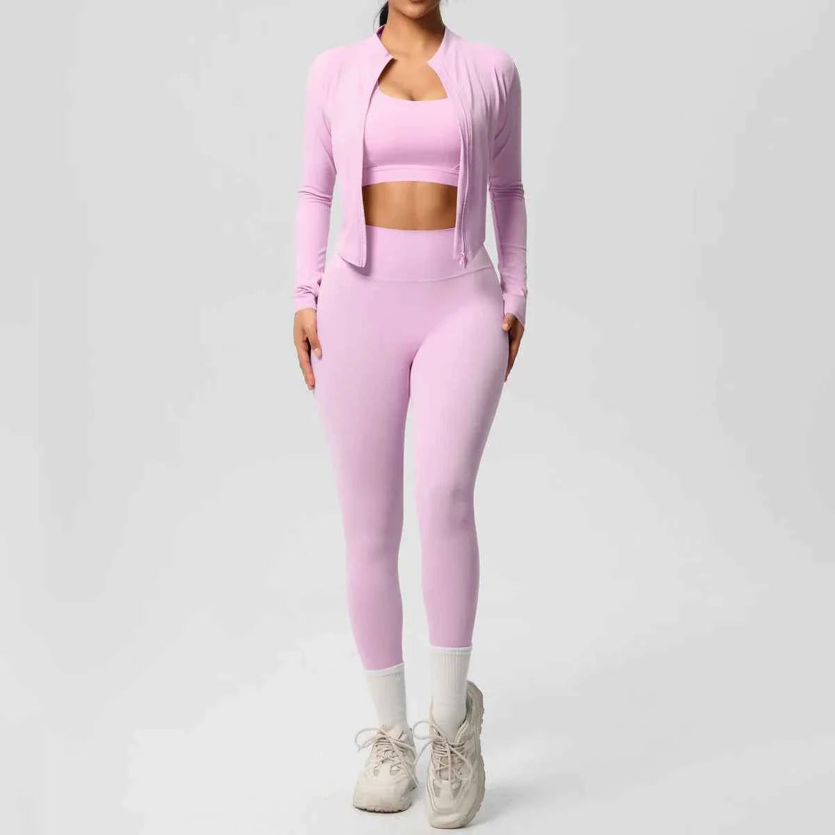 Women's 3-Piece Gym Set – Sports Bra, Zip Jacket & High-Waist Leggings back view