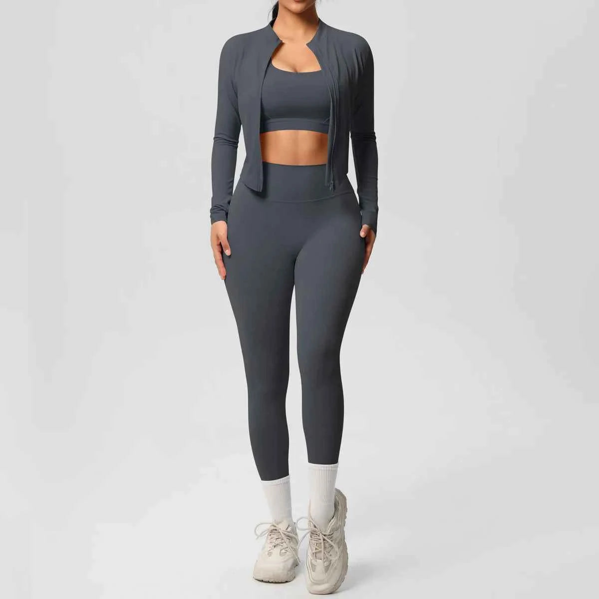 Women's 3-Piece Gym Set – Sports Bra, Zip Jacket & High-Waist Leggings leggings front