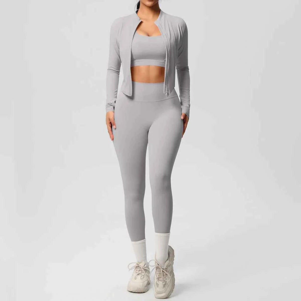 Women's 3-Piece Gym Set – Sports Bra, Zip Jacket & High-Waist Leggings leggings back
