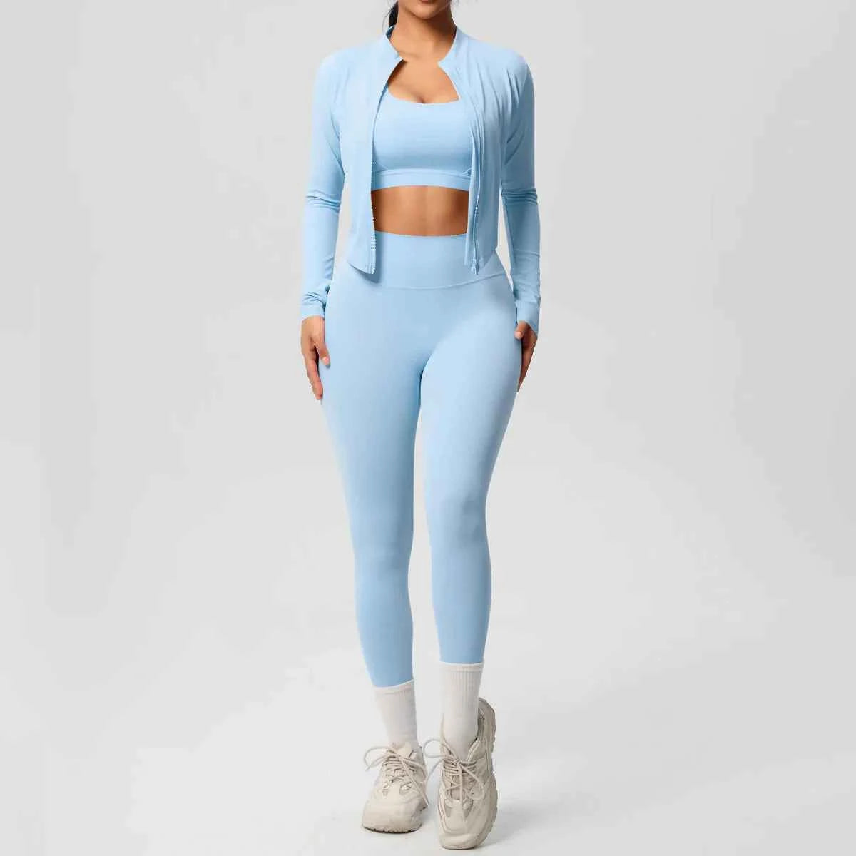 Women's 3-Piece Gym Set – Sports Bra, Zip Jacket & High-Waist Leggings high waist detail