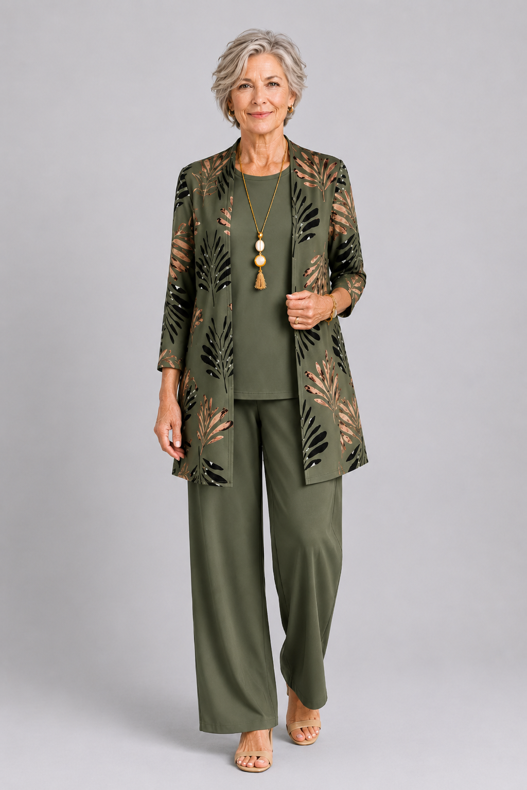 Women's 3-Piece Trouser Set – Open Cardigan, Printed Wide Leg