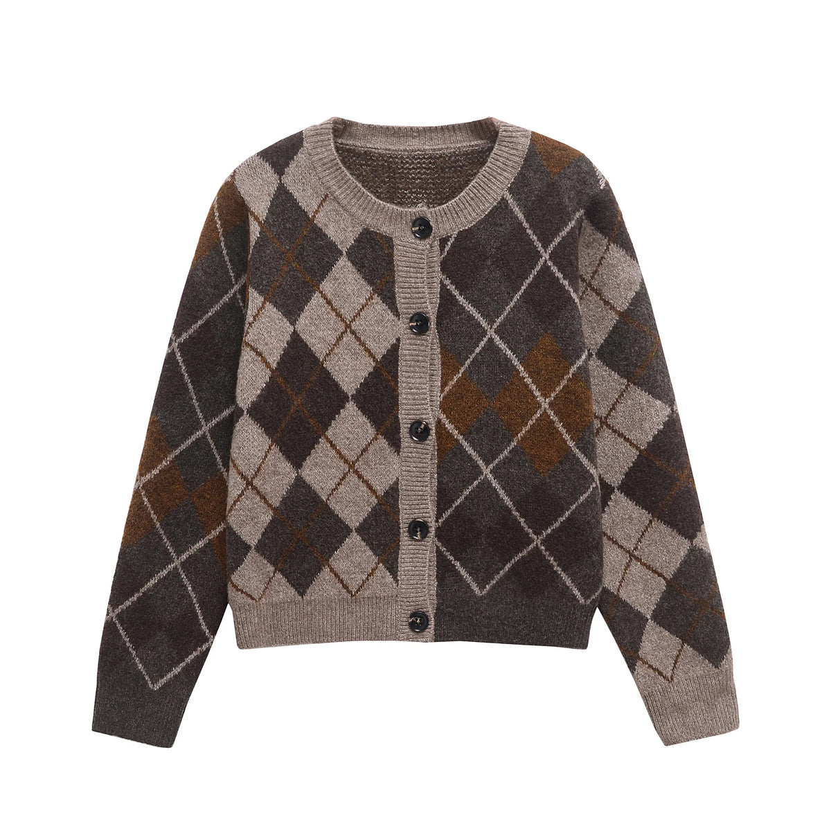 Women's Argyle Cardigan with Button-Front Closure and Ribbed Edges