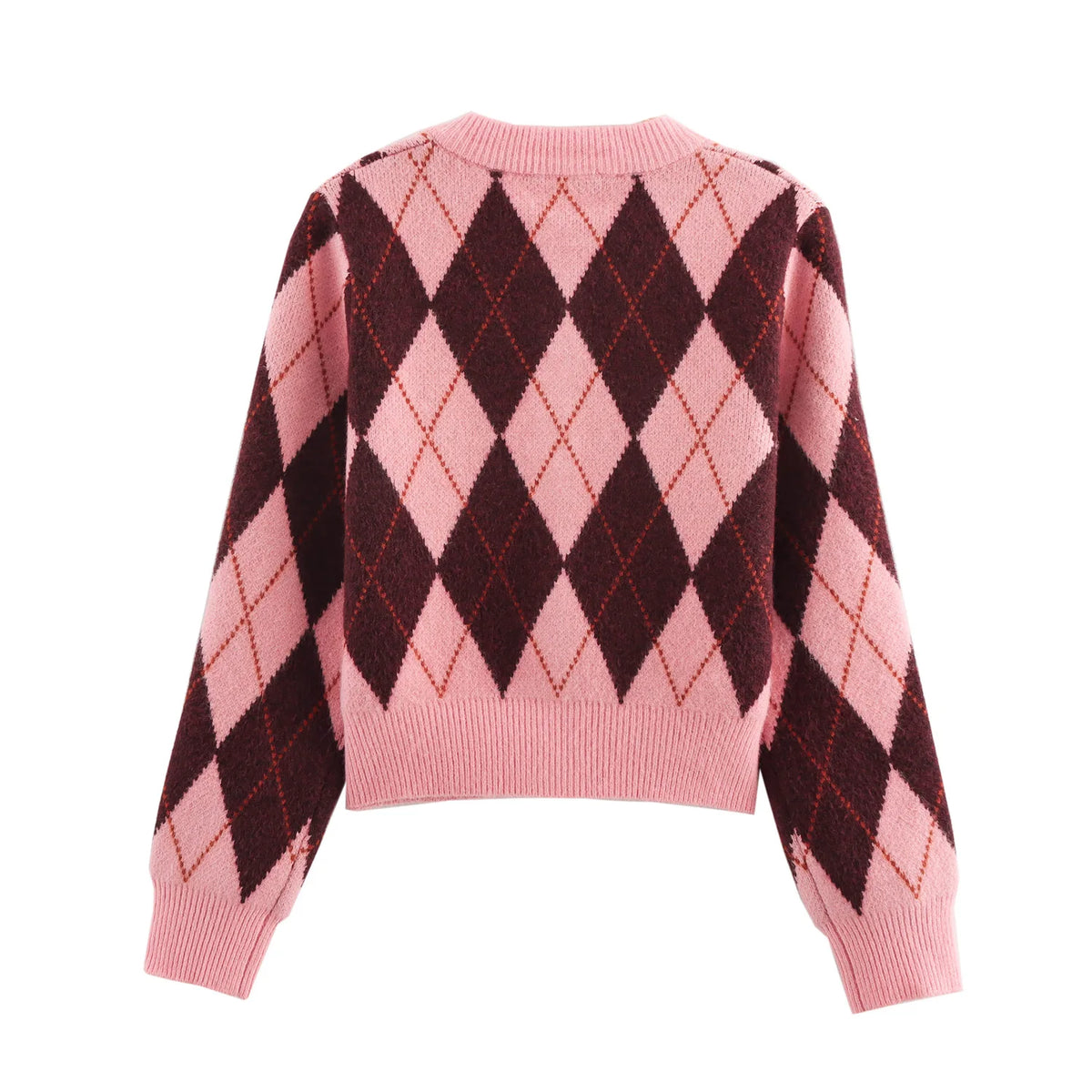 Women's Argyle Knit Cardigan with Covered Buttons and Ribbed Trim