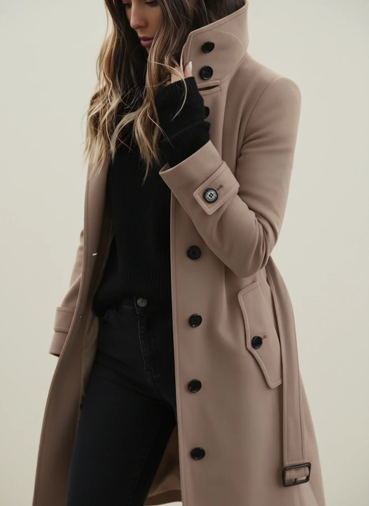 Women's Belted Longline Coat – Button Front, Buttoned Stand Collar belt detail