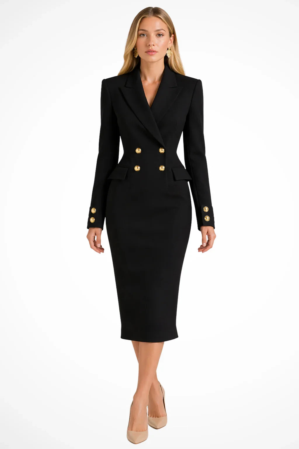 Women's Blazer Midi Dress – Double-Breasted Lapel, Flap Pockets back view