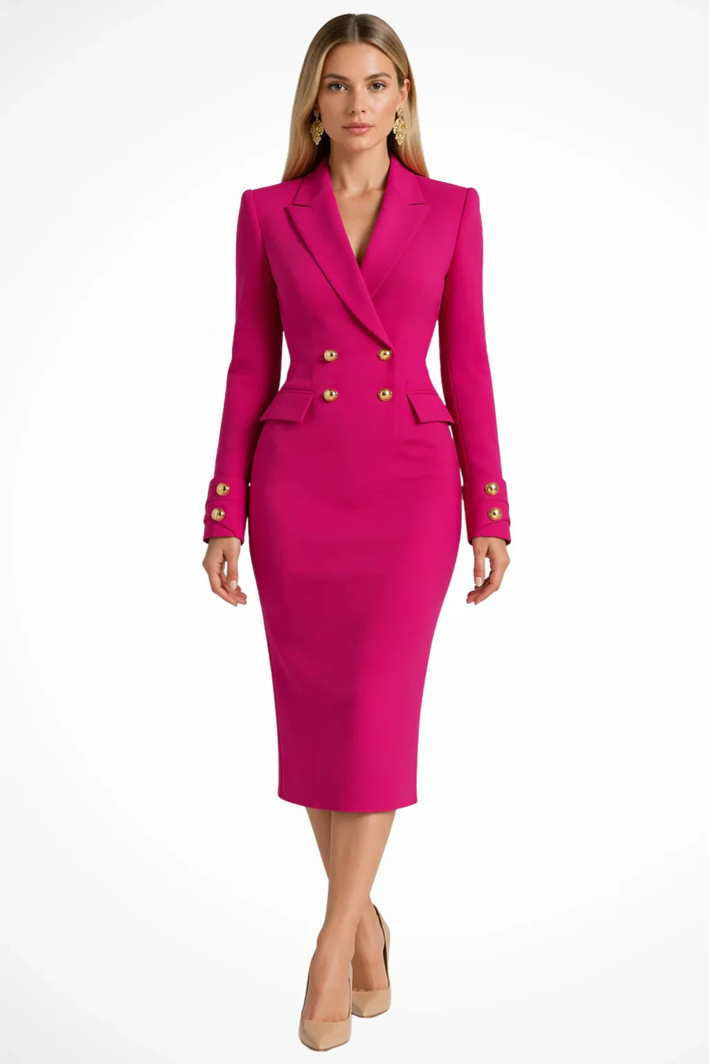 Women's Blazer Midi Dress – Double-Breasted Lapel, Flap Pockets sleeve cuff detail
