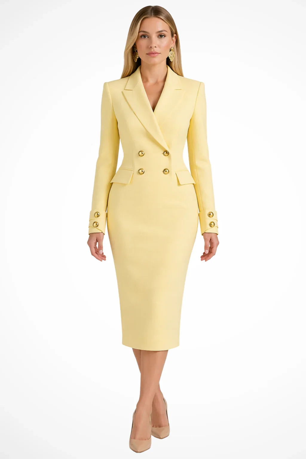 Women's Blazer Midi Dress – Double-Breasted Lapel, Flap Pockets full-length view