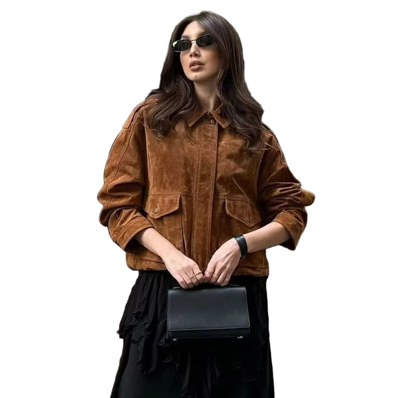 Women's Bomber Jacket with Front Flap Pockets and Snap Button Closure