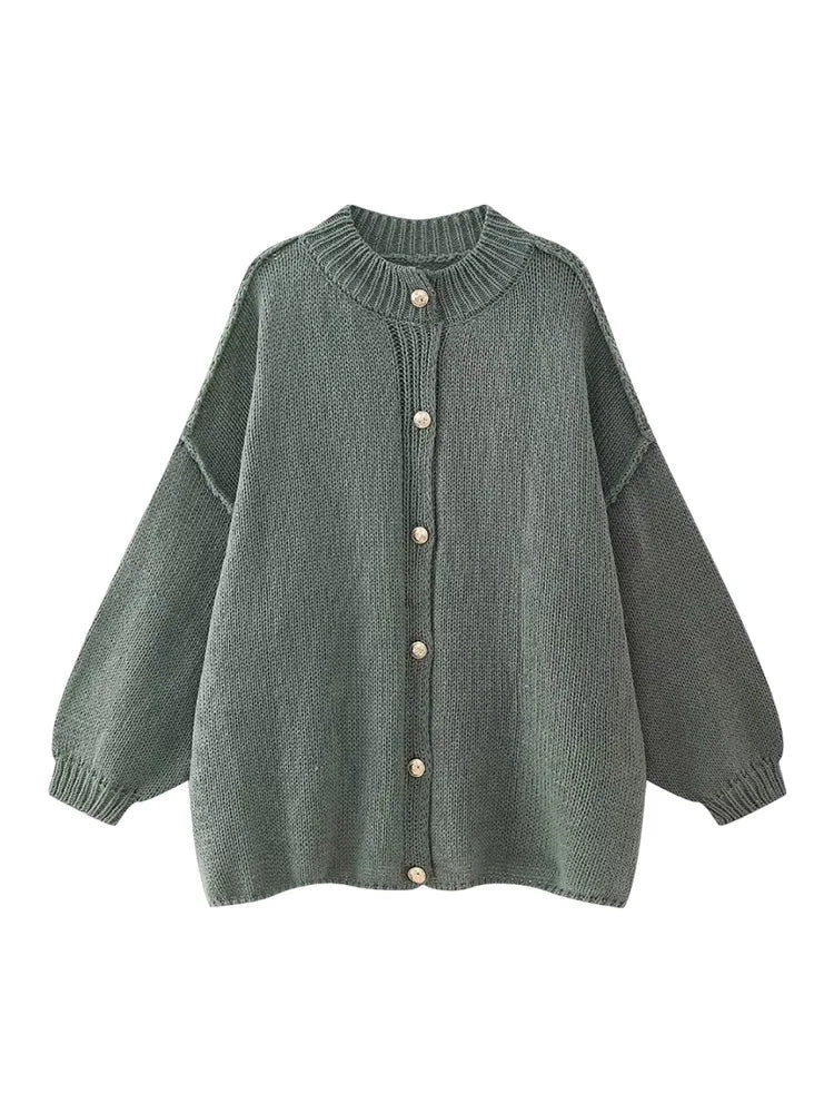 Women's Button-Front Cardigan with Drop-Shoulder Design and Ribbed Trim