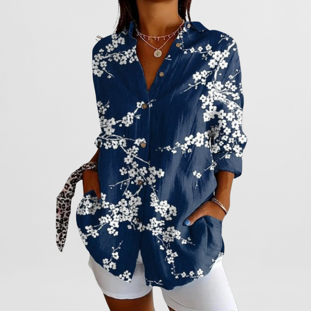 Women's Button-Up Blouse – Point Collar, Long Sleeves collar detail