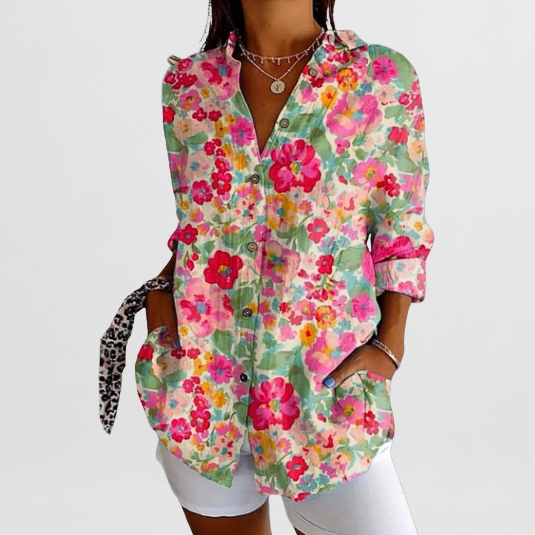 Women's Button-Up Blouse – Point Collar, Long Sleeves side view